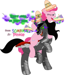 Size: 3732x4318 | Tagged: safe, artist:lincolnbrewsterfan, derpibooru exclusive, derpibooru import, king sombra, pinkie pie, earth pony, pony, umbrum, unicorn, .svg available, armor, aura, balloon, belly button, birthday, birthday cake, birthday candle, birthday candles, bubble, cake, candle, cape, cinco de mayo, cinco de mayo 2021, clothes, colored horn, curved horn, cute, dark magic, determined smile, diapinkes, ethereal mane, ethereal tail, eye, fangs, female, flowing mane, flowing tail, food, glow, hoof around neck, hoof on head, horn, inkscape, king sombrero, levitation, lifted leg, lightning, looking at you, magic, magic aura, male, mane, mare, no base, one eye closed, pinkie pie riding sombra, pinkie pie's birthday, ponies riding ponies, prancing, raised hoof, raised leg, riding, robe, royal cape, shipping, shoes, simple background, smiling, smiling at you, smoke, sombra eyes, sombra horn, sombradorable, sombrapie, sombrero, stallion, straight, svg, telekinesis, text, transparent background, vector, wink, winking at you