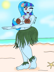Size: 1932x2576 | Tagged: safe, artist:c_w, derpibooru import, sonata dusk, equestria girls, barefoot, beach, belly button, big breasts, bikini top, breasts, cleavage, clothes, coconut, coconut bikini, eyelashes, eyeshadow, feet, flower, flower in hair, grass skirt, hips, hula, hula dance, looking at you, makeup, one eye closed, open mouth, open smile, plump, smiling, smiling at you, sonata bust, swimsuit, thighs, wink, winking at you