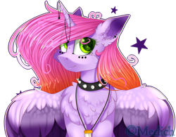 Size: 2770x2165 | Tagged: safe, artist:mediasmile666, derpibooru import, oc, oc only, pegasus, pony, bust, choker, colored wings, female, jewelry, looking at you, mare, pendant, simple background, smiling, solo, spiked choker, transparent background, wings