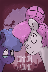 Size: 6331x9472 | Tagged: safe, artist:azulejo, derpibooru import, princess celestia, princess luna, earth pony, pony, fanfic:common ground, absurd resolution, city, cover, fanfic, fanfic art, fanfic cover, female, glasses, mare, nerd, pink-mane celestia, race swap, royal sisters, siblings, sisters, text