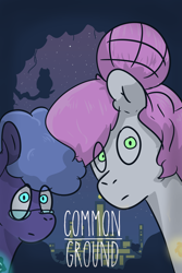 Size: 6331x9472 | Tagged: safe, alternate version, artist:azulejo, derpibooru import, princess celestia, princess luna, earth pony, pony, fanfic:common ground, absurd resolution, city, cover, cutie mark, fanfic, fanfic art, fanfic cover, female, glasses, mare, nerd, night, pink-mane celestia, race swap, royal sisters, siblings, sisters, text