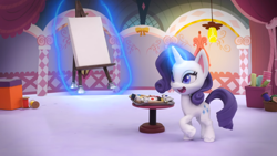 Size: 1920x1080 | Tagged: safe, derpibooru import, screencap, rarity, pony, my little pony: stop motion short, rarity's paintful pony portrait, easel, magic, solo, stop motion