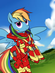 Size: 1050x1400 | Tagged: safe, artist:veraqq35, derpibooru import, rainbow dash, pegasus, pony, armor, female, iron man, iron mare, mare, solo