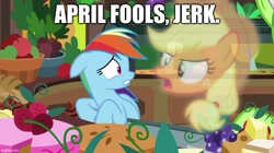 Size: 888x499 | Tagged: safe, derpibooru import, edit, edited screencap, screencap, applejack, rainbow dash, grannies gone wild, appleghost, applejerk, caption, dashabuse, fools in april, hypocrisy, image macro, spongebob squarepants, text