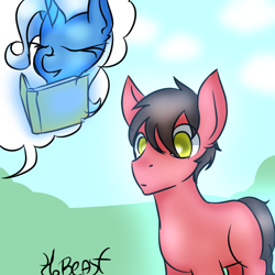 Size: 600x600 | Tagged: safe, artist:freakdreams, derpibooru import, trixie, earth pony, pony, unicorn, banned from equestria daily, book, duo, eyes closed, female, generic pony, human to pony, implied transformation, magic, male, mare, speech bubble, stallion, telekinesis