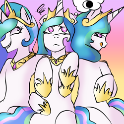 Size: 1000x1000 | Tagged: safe, artist:freakdreams, derpibooru import, princess celestia, alicorn, pony, celestellation, celestia is not amused, female, gradient background, grin, licking, licking lips, mare, multeity, self ponidox, shrunken pupils, smiling, thought bubble, tongue, tongue out, triality, unamused, white pupils