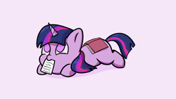 Size: 3840x2160 | Tagged: safe, artist:wevepon3, derpibooru import, twilight sparkle, unicorn twilight, pony, unicorn, blank flank, book, cute, female, filly, filly twilight sparkle, high res, lying down, mouth hold, no pupils, paper, pink background, prone, simple background, solo, twiabetes, younger