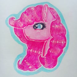 Size: 1080x1080 | Tagged: safe, artist:roeswolfcreations, derpibooru import, pinkie pie, earth pony, pony, bust, eyelashes, female, mare, smiling, traditional art