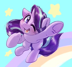 Size: 2048x1891 | Tagged: safe, artist:kurogewapony, derpibooru import, starlight glimmer, pony, unicorn, blushing, cute, female, frog (hoof), glimmerbetes, happy, lens flare, looking at you, mare, one eye closed, open mouth, open smile, rainbow, reaching, smiling, smiling at you, solo, underhoof, wink, winking at you