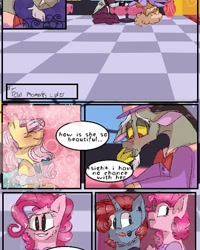 Size: 540x676 | Tagged: safe, artist:cocolove2176, derpibooru import, discord, fluttershy, pinkie pie, oc, draconequus, pegasus, pony, unicorn, comic:fluttering chaos, blushing, bowtie, bust, clothes, comic, discoshy, eyes closed, female, headworn microphone, horn, indoors, male, shipping, straight, suit, unicorn oc