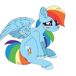 Size: 768x768 | Tagged: safe, artist:moodi, derpibooru import, rainbow dash, pegasus, pony, blush sticker, blushing, chest fluff, ear fluff, ears, redraw, sad, sitting, solo, unshorn fetlocks, wings