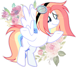 Size: 3174x2794 | Tagged: safe, artist:rerorir, derpibooru import, oc, pegasus, pony, female, flower, goggles, mare, simple background, solo, transparent background