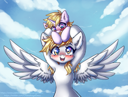 Size: 1317x1000 | Tagged: safe, artist:chaosangeldesu, derpibooru import, derpy hooves, dinky hooves, pegasus, pony, unicorn, armpits, blushing, dinky riding derpy, duo, duo female, female, filly, mare, mother and child, mother and daughter, open mouth, open smile, parent and child, ponies riding ponies, pony hat, riding, smiling, spread wings, wings