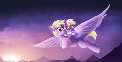 Size: 3466x1779 | Tagged: safe, artist:allyster-black, derpibooru import, derpy hooves, dinky hooves, pegasus, pony, unicorn, :o, canterlot, clothes, cute, dinky riding derpy, ear tufts, female, flying, goggles, mother and child, mother and daughter, mountain, mountain range, music video, open mouth, parent and child, ponies riding ponies, riding, scarf, sun, sunset
