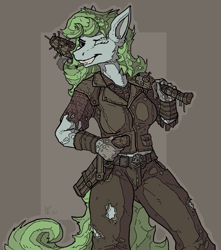 Size: 721x817 | Tagged: safe, artist:alexandrys, derpibooru import, anthro, earth pony, cigarette, fallout, female, solo, weapon