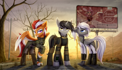 Size: 4000x2307 | Tagged: safe, artist:setharu, derpibooru import, oc, oc:darius, oc:eleftheria, oc:stellar phoenix, pegasus, pony, unicorn, fallout equestria, billboard, enclave, fallout, grand pegasus enclave, grass, horn, mountain, ncr ranger, pipbuck, road, rock, spots, tree, wings