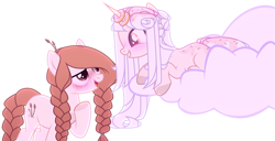 Size: 3653x1876 | Tagged: safe, artist:rerorir, derpibooru import, oc, oc only, earth pony, pony, unicorn, cloud, donut, female, food, mare, simple background, white background