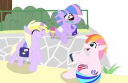 Size: 4528x2946 | Tagged: safe, artist:alphakodi, derpibooru import, dinky hooves, toola roola, wind sprint, earth pony, pegasus, pony, unicorn, bag, bandage, bandaid, bush, card, female, filly, food, freckles, hoof hold, ice cream, inkscape, licking, licking lips, lying down, magic, on side, pencil case, saddle bag, simple background, sitting, telekinesis, tongue, tongue out, trio, vector, white background