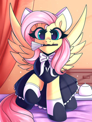 Size: 1500x2000 | Tagged: safe, artist:shadowreindeer, derpibooru import, fluttershy, pegasus, pony, bed, bow, clothes, cute, duster, female, fluttermaid, hair bow, looking at you, maid, mare, morning ponies, mouth hold, on bed, shyabetes, solo