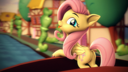 Size: 3840x2160 | Tagged: safe, alternate version, artist:psfmer, derpibooru import, fluttershy, pegasus, pony, :p, bridge, butt, cute, daaaaaaaaaaaw, dock, flutterbutt, house, leaning, looking at you, looking back, looking back at you, plant, plot, ponyville, river, shrub, shyabetes, solo, tongue, tongue out, tree, unshorn fetlocks