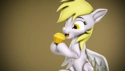 Size: 3840x2160 | Tagged: safe, artist:psfmer, derpibooru import, derpy hooves, pegasus, 3d, cute, derpabetes, excited, food, muffin, solo, source filmmaker, that pony sure does love muffins, wings, wings down