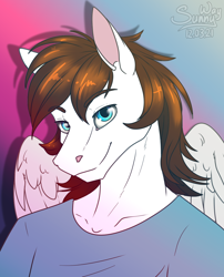 Size: 968x1200 | Tagged: safe, artist:sunny way, derpibooru import, oc, oc only, anthro, pegasus, art, artwork, bust, clothes, digital art, eyebrows visible through hair, finished commission, folded wings, gradient background, looking at you, male, portrait, shirt, sketch, smiling, solo, stallion, wings