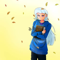 Size: 1378x1378 | Tagged: safe, artist:lencai123, derpibooru import, trixie, equestria girls, book, leaves, solo