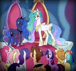 Size: 1500x1400 | Tagged: safe, artist:not-ordinary-pony, derpibooru import, applejack, fluttershy, pinkie pie, princess celestia, princess luna, rainbow dash, rarity, twilight sparkle, unicorn twilight, alicorn, earth pony, pegasus, pony, unicorn, fanfic:kingdom hearts of harmony, crossover, fanfic art, kingdom hearts, ponified, throne room