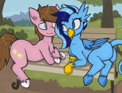 Size: 2255x1711 | Tagged: safe, artist:marsminer, derpibooru import, oc, oc only, oc:dusty tomes, oc:serenity, earth pony, hippogriff, pony, blue coat, blue eyes, blue mane, blue tail, blue wings, brown mane, brown tail, butt, colored hooves, female, folded wings, large butt, looking at each other, male, multicolored mane, park, pink coat, stallion, unshorn fetlocks, white hooves, wings