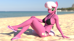 Size: 3840x2160 | Tagged: safe, artist:purenexus, derpibooru import, cheerilee, anthro, earth pony, plantigrade anthro, 3d, 4k, beach, bikini, blender, blender cycles, breasts, chestilee, clothes, female, looking at you, nail polish, not sfm, sandals, shoe dangling, smiling, solo, solo female, stupid sexy cheerilee, swimsuit, toenail polish