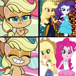 Size: 1300x1300 | Tagged: safe, derpibooru import, edit, edited screencap, screencap, applejack, pinkie pie, rarity, earth pony, human, pony, equestria girls, equestria girls (movie), equestria girls series, how applejack got her hat back, my little pony: pony life, amused, applejack is not amused, applejack's hat, applepie, bipedal, clothes, cowboy hat, crossed arms, crossed hooves, duo, duo female, eyes closed, fall formal outfits, female, geode of sugar bombs, geode of super strength, grin, hat, hatless, hotline bling, lesbian, magical geodes, meme, missing accessory, rarijack, shipping, smiling, solo, unamused