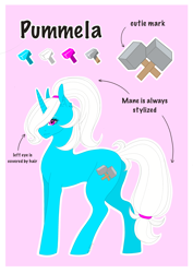 Size: 2480x3508 | Tagged: safe, artist:themstap, derpibooru import, oc, oc:pummela, unicorn, eyeshadow, female, hair over one eye, makeup, mare, ponytail, reference sheet