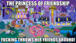 Size: 1092x619 | Tagged: safe, derpibooru import, edit, edited screencap, screencap, applejack, cayenne, discord, fluttershy, golden gavel, hot streak, jet set, lemon hearts, night fire, perfect pie, pinkie pie, princess celestia, princess luna, rainbow dash, rarity, spike, twilight sparkle, twilight sparkle (alicorn), vance van vendington, wensley, alicorn, dragon, the summer sun setback, apple family member, caption, clothes, flying, gritted teeth, hawaiian shirt, levitation, magic, mane seven, mane six, royal sisters, shirt, siblings, sisters, telekinesis, text, vulgar, winged spike