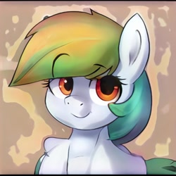 Size: 1024x1024 | Tagged: safe, artist:thisponydoesnotexist, derpibooru import, earth pony, pony, female, green hair, green mane, mare, neural network, not rainbow dash, orange eyes, pale color, simple background, smiling