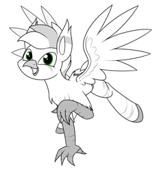 Size: 1797x1960 | Tagged: safe, artist:moonatik, derpibooru import, oc, oc only, oc:sagey, griffon, ear fluff, ears, flying, looking at you, male, partial color, raised claw, solo, wings