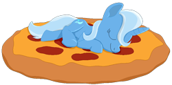 Size: 1692x834 | Tagged: safe, artist:xppp1n, trixie, unicorn, female, lying down, mare, pepperoni, pepperoni pizza, pizza, simple background, solo, transparent background