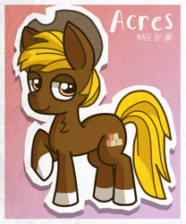 Size: 1280x1535 | Tagged: safe, artist:nyancat380, oc, oc only, oc:acres, earth pony, pony, blonde, blonde mane, blonde tail, brown coat, chest fluff, cowboy hat, gradient background, hazel eyes, looking at you, male, raised hoof, raised leg, smiling, solo, stallion