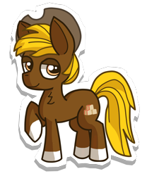 Size: 2048x2456 | Tagged: safe, artist:nyancat380, oc, oc only, oc:acres, earth pony, pony, blonde, blonde mane, blonde tail, brown coat, chest fluff, cowboy hat, looking at you, male, raised hoof, raised leg, simple background, smiling, solo, stallion, transparent background