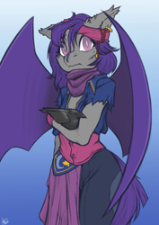 Size: 2480x3508 | Tagged: safe, artist:florecentmoo, oc, oc:dusk rhine, anthro, bat pony, bird, raven (bird), bat pony oc, clothes, ear piercing, earring, explicit source, female, headband, jewelry, looking at you, piercing, scarf, solo