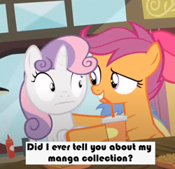 Size: 469x452 | Tagged: safe, derpibooru import, edit, edited screencap, screencap, scootaloo, sweetie belle, pegasus, pony, unicorn, twilight time, caption, faic, female, filly, frightened, out of context, text