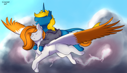 Size: 4569x2632 | Tagged: safe, artist:flashnoteart, derpibooru import, oc, oc:feather river, oc:flashnote, pegasus, pony, unicorn, angry face, cloud, commission, female, flying, high res, horn, lightning, male, mare, pegasus oc, ponies riding ponies, riding, smiling, stallion, unicorn oc, wings