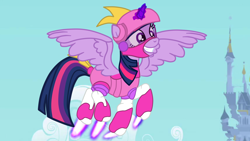 Size: 2700x1519 | Tagged: safe, artist:gmaplay, derpibooru import, screencap, twilight sparkle, twilight sparkle (alicorn), alicorn, pony, animal mechanical, clothes, cosplay, costume, flying, high res, solo, unicorn (animal mechanicals)