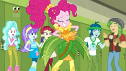 Size: 1080x603 | Tagged: safe, artist:twinet, derpibooru import, edit, edited screencap, screencap, aqua blossom, captain planet, paisley, pinkie pie, rose heart, sandalwood, better together, equestria girls, holidays unwrapped, clothes, cornucopia costumes, dress, laughing, o come all ye squashful, phone, plusplus, pointing, ponytail, redesign, smiling