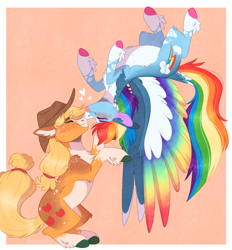 Size: 1404x1510 | Tagged: safe, artist:wanderingpegasus, derpibooru import, applejack, rainbow dash, earth pony, pegasus, pony, :p, appledash, applejack's hat, blaze (coat marking), blushing, boop, chest fluff, clothes, coat markings, colored hooves, colored wings, cowboy hat, cute, dashabetes, ear fluff, ears, eyes closed, feathered fetlocks, female, floating, flying, freckles, hat, heart, hug, jackabetes, leg fluff, lesbian, multicolored wings, noseboop, nuzzling, pale belly, rainbow wings, redesign, shipping, snip (coat marking), socks (coat marking), spread wings, tail feathers, tongue, tongue out, unshorn fetlocks, upside down, wings