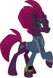 Size: 3418x5000 | Tagged: safe, artist:dashiesparkle, artist:ponygamer2020, derpibooru import, fizzlepop berrytwist, tempest shadow, pony, unicorn, fallout equestria, my little pony: the movie, absurd resolution, beautiful, broken horn, clothes, cute, cutie mark, eye scar, fallout, female, happy, horn, jumpsuit, looking at you, majestic, mare, movie accurate, one hoof raised, pipboy, pretty pretty tempest, raised hoof, raised leg, scar, simple background, smiling, smiling at you, solo, tempestbetes, transparent background, vault suit, vector