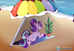 Size: 2048x1430 | Tagged: safe, artist:space__skittles, derpibooru import, phyllis, starlight glimmer, pony, unicorn, beach, butt, female, glimmer glutes, lying down, mare, potted plant, smiling, solo, umbrella