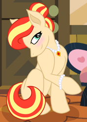 Size: 1080x1514 | Tagged: safe, artist:shycookieq, derpibooru import, oc, oc only, earth pony, pony, collaboration, earth pony oc, female, hair bun, indoors, jewelry, looking back, mare, necklace, pearl necklace, raised hoof, raised leg, smiling, solo
