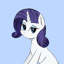 Size: 768x768 | Tagged: safe, artist:kusturbrick, derpibooru exclusive, derpibooru import, rarity, pony, unicorn, blue background, cute, eyeshadow, female, lidded eyes, looking back, makeup, mare, raribetes, simple background, sitting, solo, three quarter view, unamused