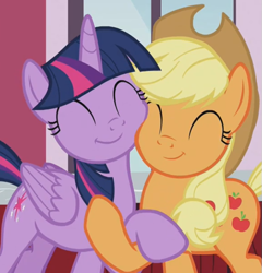 Size: 577x600 | Tagged: safe, derpibooru import, screencap, applejack, twilight sparkle, twilight sparkle (alicorn), alicorn, earth pony, pony, harvesting memories, spoiler:harvesting memories, spoiler:mlp friendship is forever, cheek squish, cropped, cute, daaaaaaaaaaaw, eyes closed, female, holding hooves, hug, jackabetes, mare, smiling, squishy cheeks, twiabetes