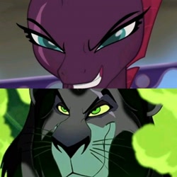 Size: 1920x1920 | Tagged: safe, derpibooru import, edit, edited screencap, screencap, tempest shadow, big cat, lion, pony, unicorn, my little pony: the movie, comparison, evil grin, female, grin, male, mare, scar, smiling, the lion king